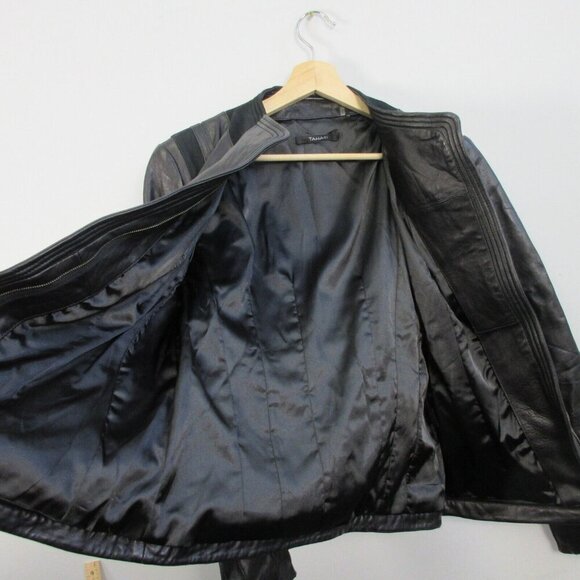 Tahari Leather Wrap Jacket Women M Black Moto Asymmetrical Biker Grunge 844 - Picture 7 of 16